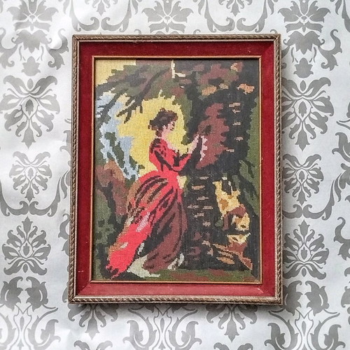 Embroidered textile painting used with needlepoint in frame