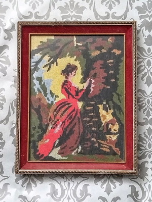 Embroidered textile painting used with needlepoint in frame