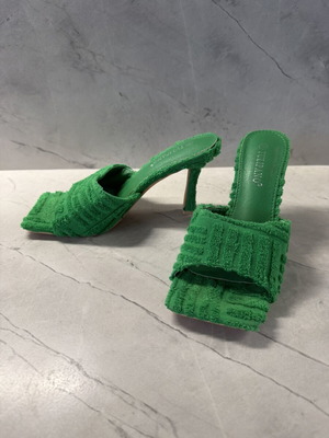 Emerald Green Terry Towelling Square-Toe Heeled Mules Size 38 like new