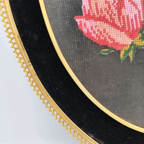 Vintage hand embroidered tapestry used with wooden frame and glass