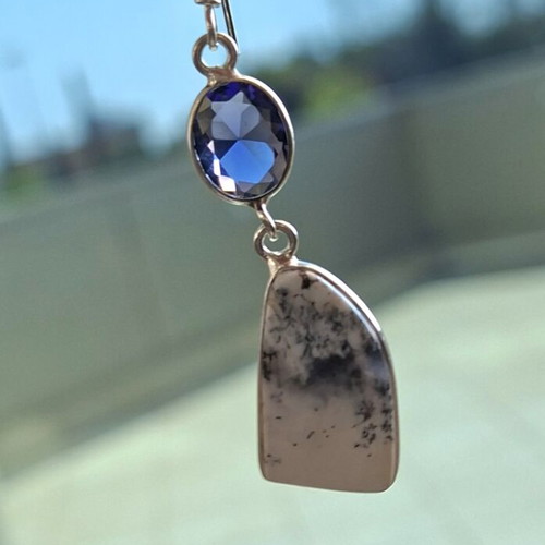 Earrings with semi-precious opal and dendritic stones, new