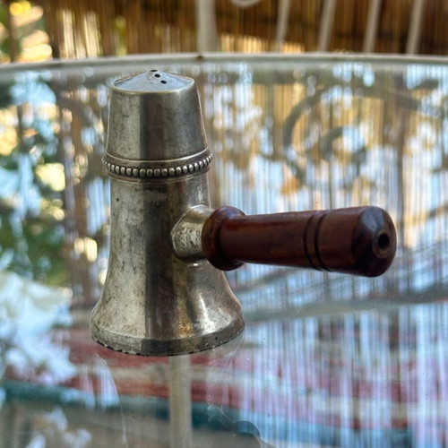 Vintage metal pepper shaker with wooden handle used, collectible tableware
