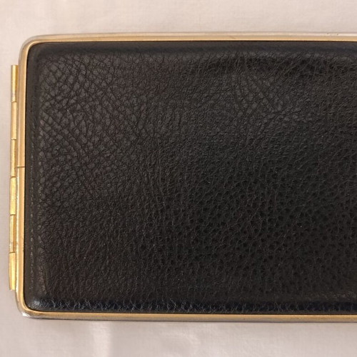 Classic cigarette case used, black leatherette with bronze interior