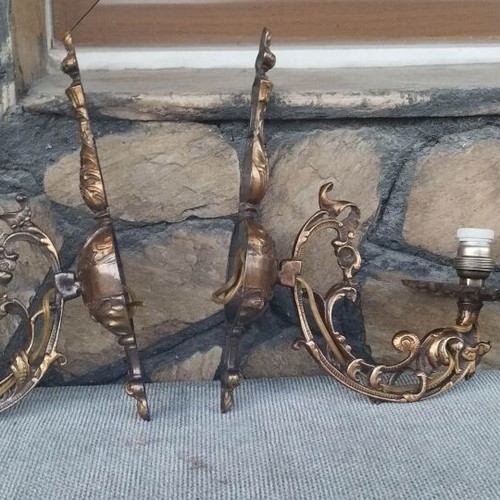 Antique brass wall lights used, set of 2