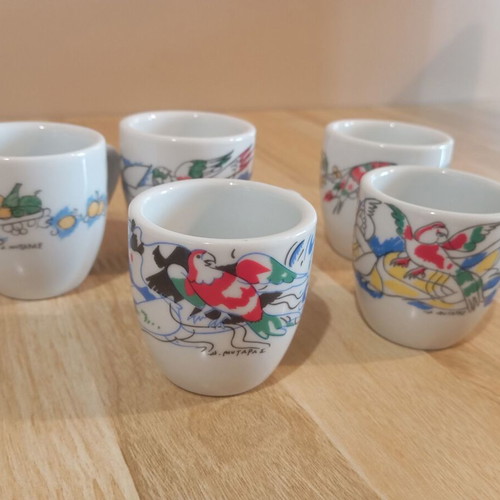 Loumidis Coffee Cups Set of 5 with Saucers, Like New, Signed by Dimitris Mytaras