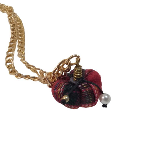 Long Christmas Necklace New With Handmade Mini Pumpkin Red Check