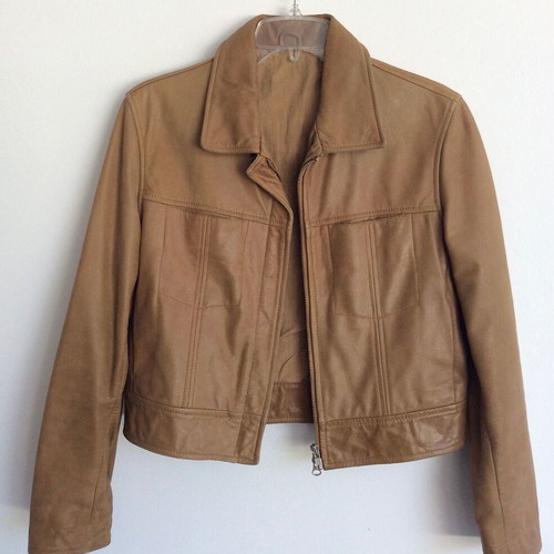 Women's Camel Leather Jacket Cropped used, size S/M, beige