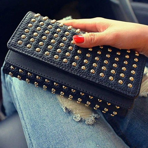 Rock Glam women's black wallet with gold studs, brand new