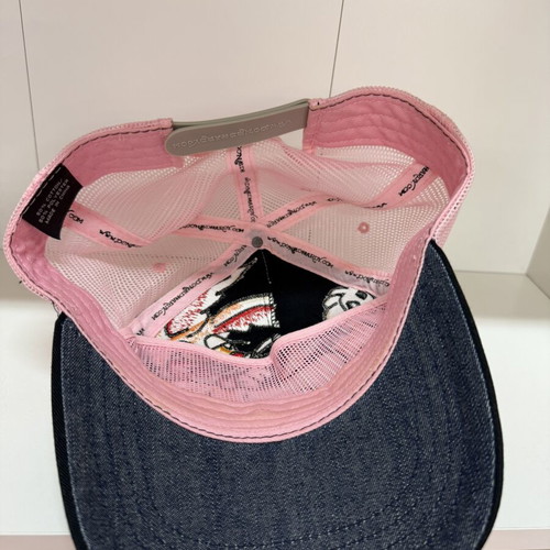 Ed Hardy trucker hat with cartoon rabbit embroidery, pink mesh back, like new