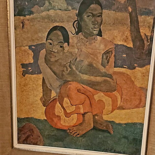 Paul Gauguin canvas copy painting used with vintage wooden frame 70s