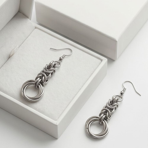 Chainmail earrings with Byzantine weave steel silver color new