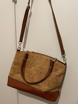 Cork bag used with brown leather crossbody straps