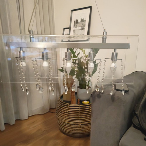 Ceiling light with plexi glass frame and hanging crystals like new