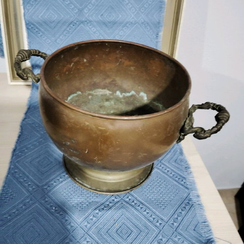 Large cauldron pot used, copper-bronze with handles