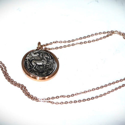 Ancient silver-plated coin pendant - replica - Arethusa, glass case necklace pendant 22K gold-plated