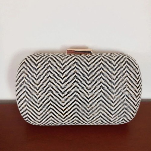 Clutch bag with hard frame, new, black and gold chevron pattern