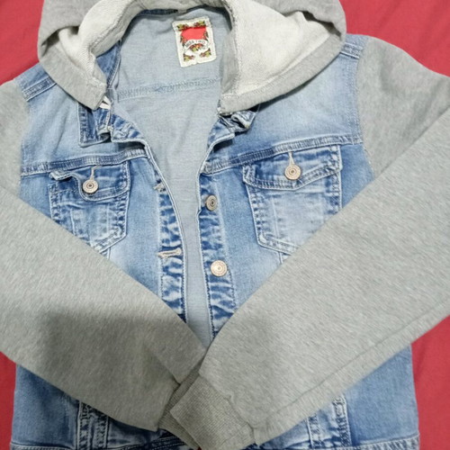 Denim jacket used with fabric sleeves and hood, size S