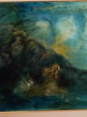 Oil painting Doris-Michalis Papageorgiou homeless with dog on canvas