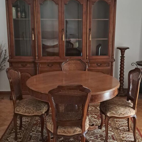 Cabinet and dining table set like new, 6 chairs, 2 extension leaves, solid walnut
