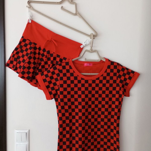 PNK Pink Blue women's set with red and black checkered T-shirt and skirt