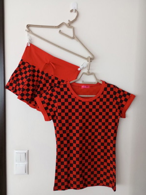 PNK Pink Blue women's set with red and black checkered T-shirt and skirt