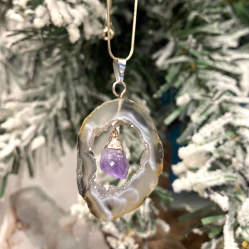 Handmade Pendant with Natural Black Agate and Raw Amethyst new