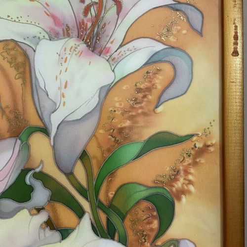 Painting "Lilies" on Silk Batik by O.A. Martyanova 2005 like new