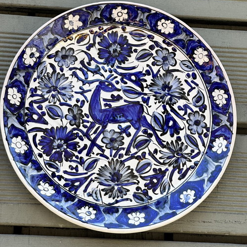 Large Handmade Ikaros Ceramic Plate with Blue Deer Design, used