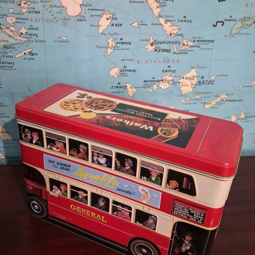 Collectible metal Walkers tin used, vintage London double-decker bus