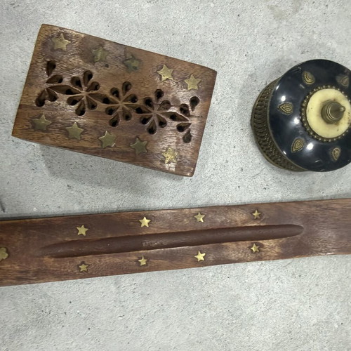 Decorative set like new with wooden incense holder and brass box