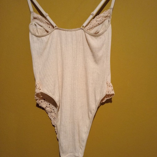 Vintage cotton lace bodysuit M/L, new, grey and beige