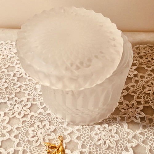 Frosted glass jar with diamond pattern and scalloped rim