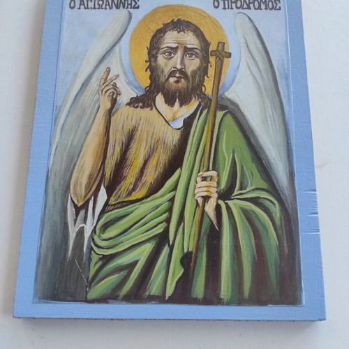 Handmade icon Saint John the Baptist egg tempera on plywood