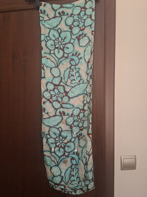 Satin scarf like new, mint color with brown patterns and metallic details