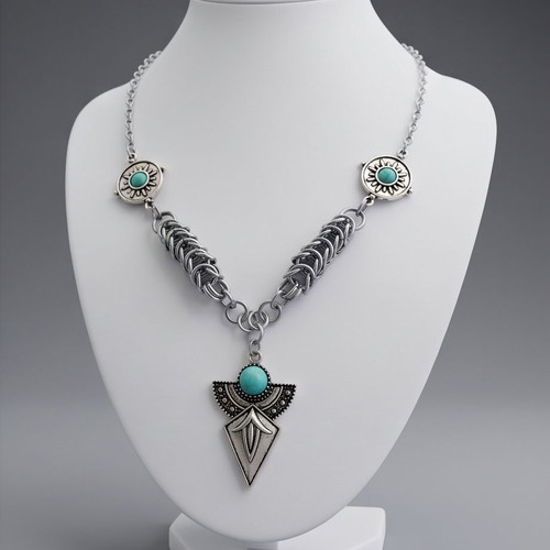 Steel necklace with boxmail chain and turquoise pendant, new