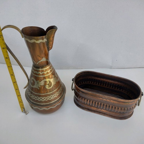 Copper Greek handmade carved jug and flower jardiniere used