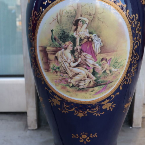 Large German Porcelain Floor Vase Cobalt Blue with Gold Decoration and Romantic Scene