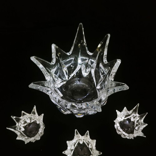 Rogaska Lotus bowl and three lead crystal candlesticks like new