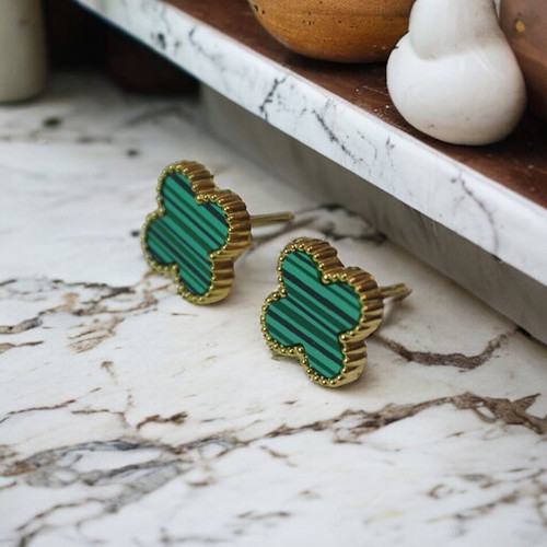 Steel earrings like new, green with black stripes, gold plated