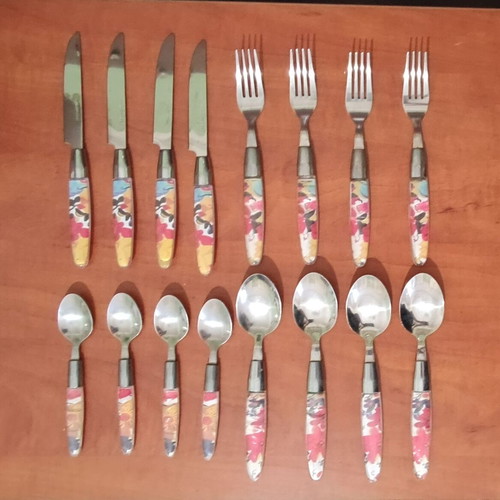 Vintage cutlery set 16 pcs used, floral handles, stainless steel