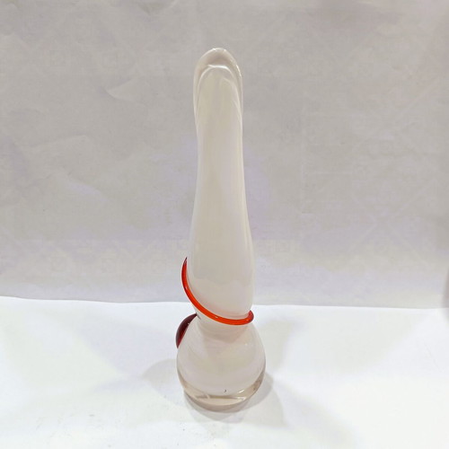 Vintage Italian Vase Flame handmade hand-blown Opalina glass with red swirl