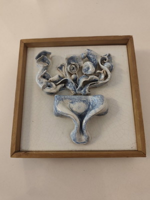 Ceramic wall panel with wooden frame used, floral relief vintage art