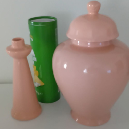 Vintage Chinese dusty pink salmon vase and candlestick set like new