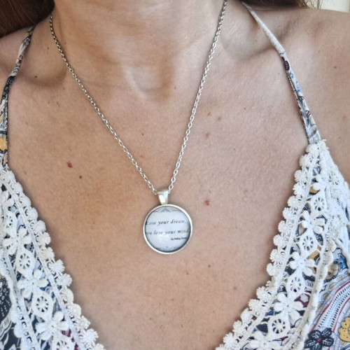Metal necklace with letters pendant new, silver and white