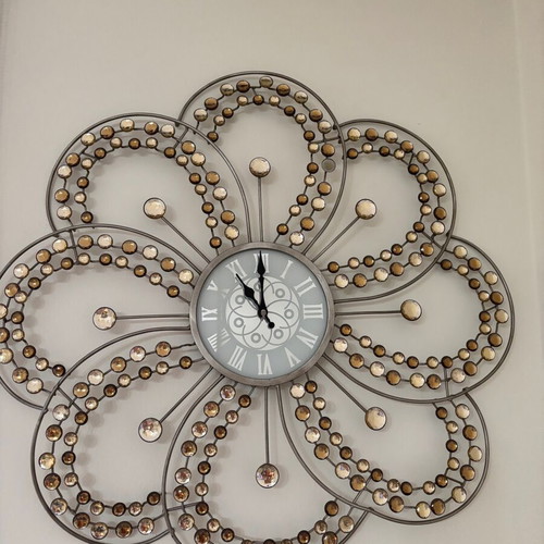 Decorative wall mirror and clock with handmade metal design, like new