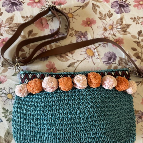 Handmade shoulder bag like new, turquoise with fabric pom-poms