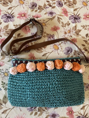 Handmade shoulder bag like new, turquoise with fabric pom-poms