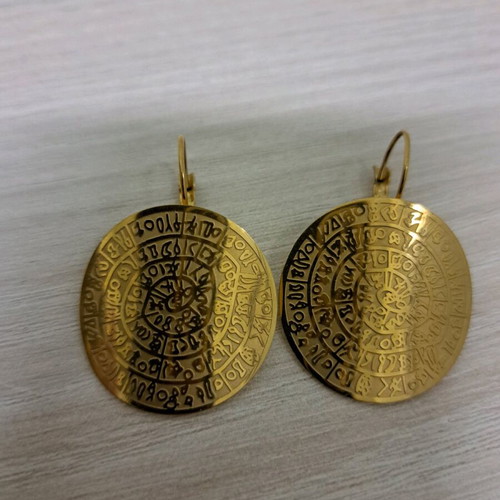 Steel earrings new, gold-colored Phaistos disc design