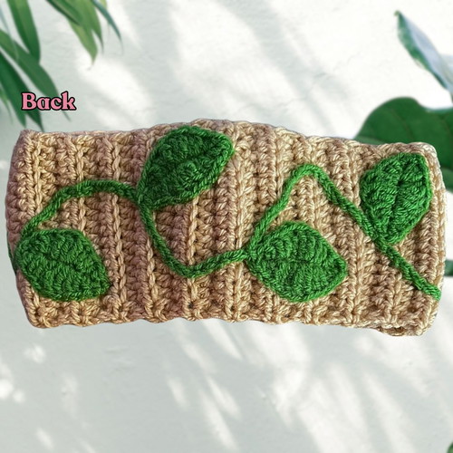 Forest Fairy handmade warm ear warmer headband new, beige with green leaves