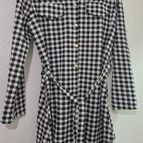 Black and White Gingham Shirt Dress with Waist Tie, One Size